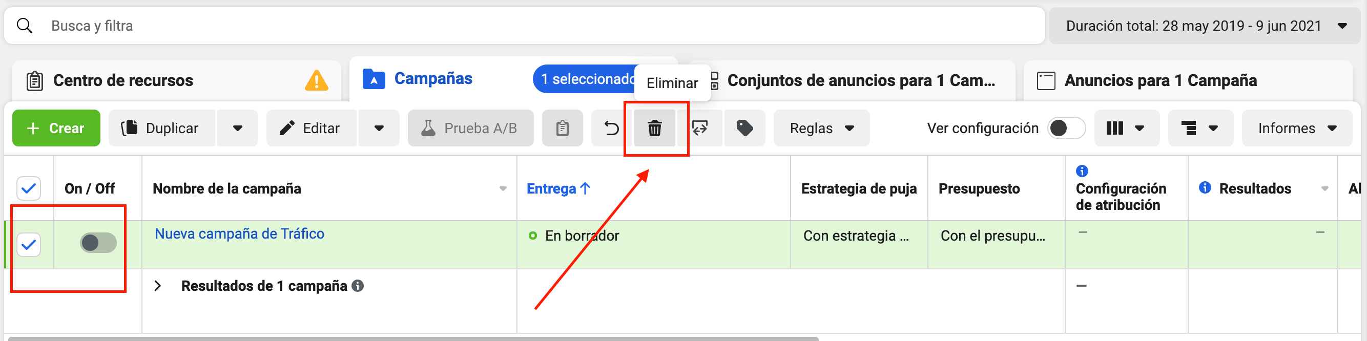 como eliminar campañas de facebook o instagram